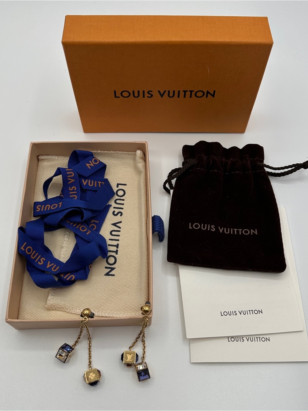 Louis Vuitton Gold and Blue Cube Drop Earrings